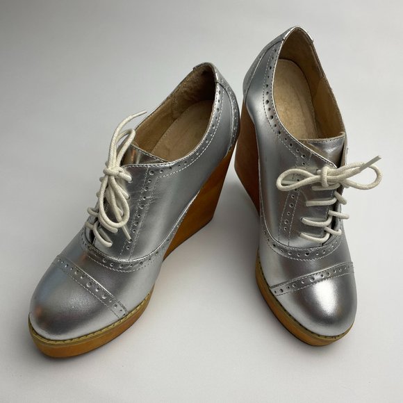 Madison Harding Oxford Lace Up Wedges, Metallic Silver, Women's Size 7 - Picture 1 of 9